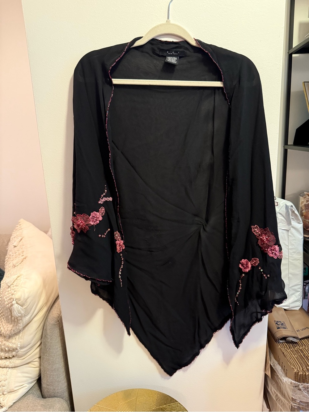 ECI New York Black 100% Silk Sheer Kimono Cardigan Jacket Embroidered M